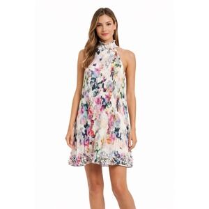 Alex Marie Natalie Pleated Floral High Neck Halter Dress Plus Size 22W Party